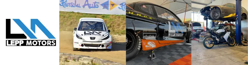 Kolme pildi ja logo kollaaž Lepp Motors tegevustest rallikrossis, kiirendusvõistlustel ja võistlusautode ehitusel.